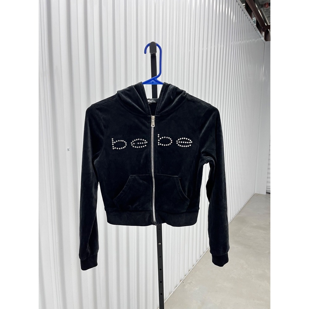 Bebe Black Velour Rhinestone Bling Cropped Hoodie Y2K Zip Up Sweatshirt Womens S